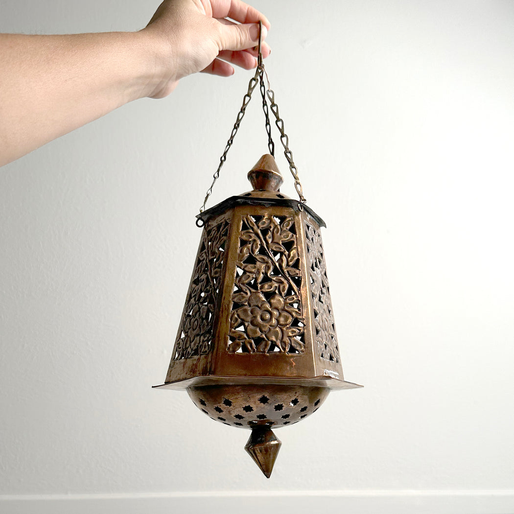 Vintage Moroccan Pierced Copper Hanging Lantern
