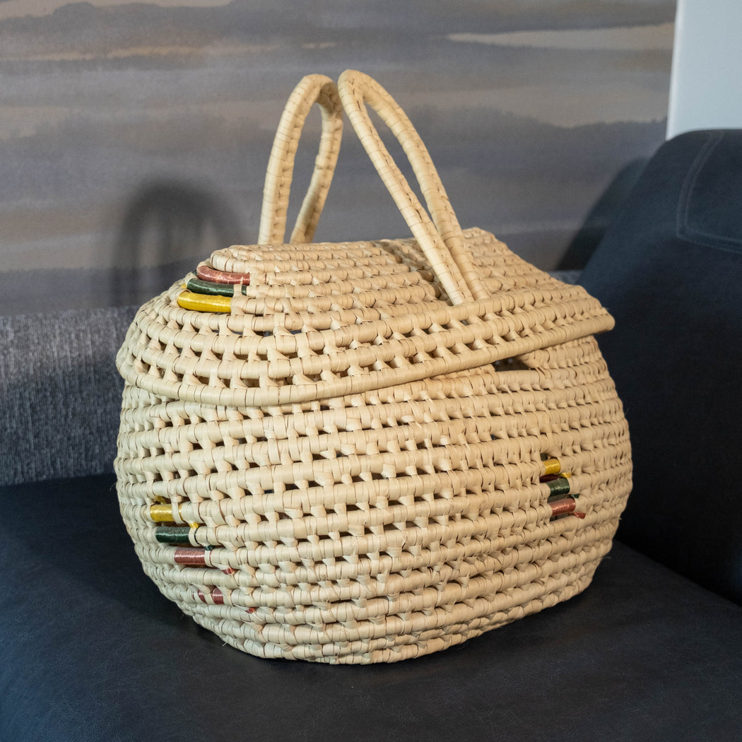 Vintage Wrapped Straw Storage Basket with Lid