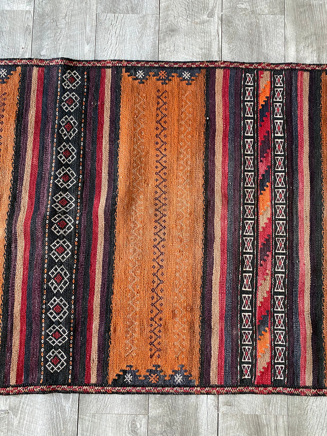 2' 5" x 7' Vintage Turkish Kilim Runner | Brown and Black Stripe Rug