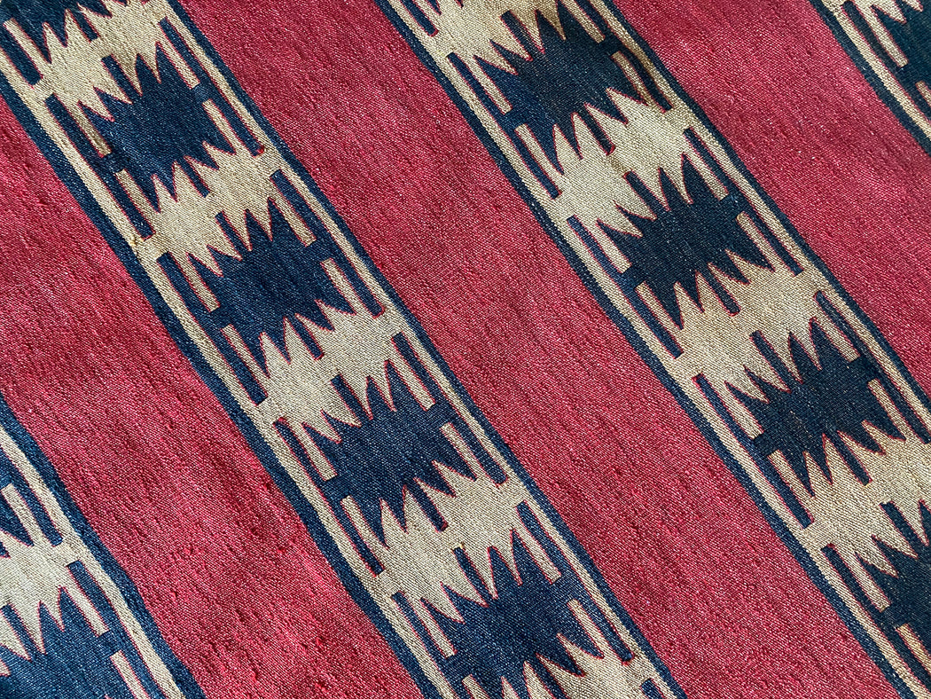 3’ 2” x 4’ 5” Vintage Turkish Kilim Rug | Red and Black Flat Weave Stripe Rug
