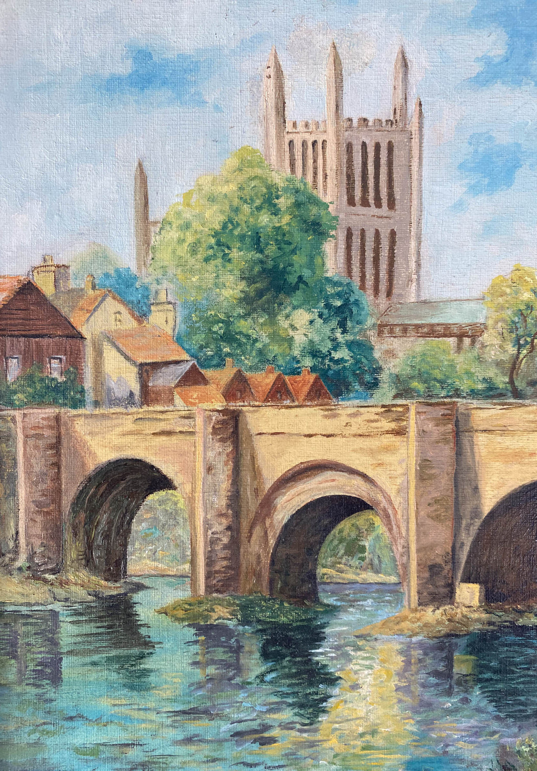 Vintage 1937 Oil Painting Old Wye Bridge Hereford Cathedral