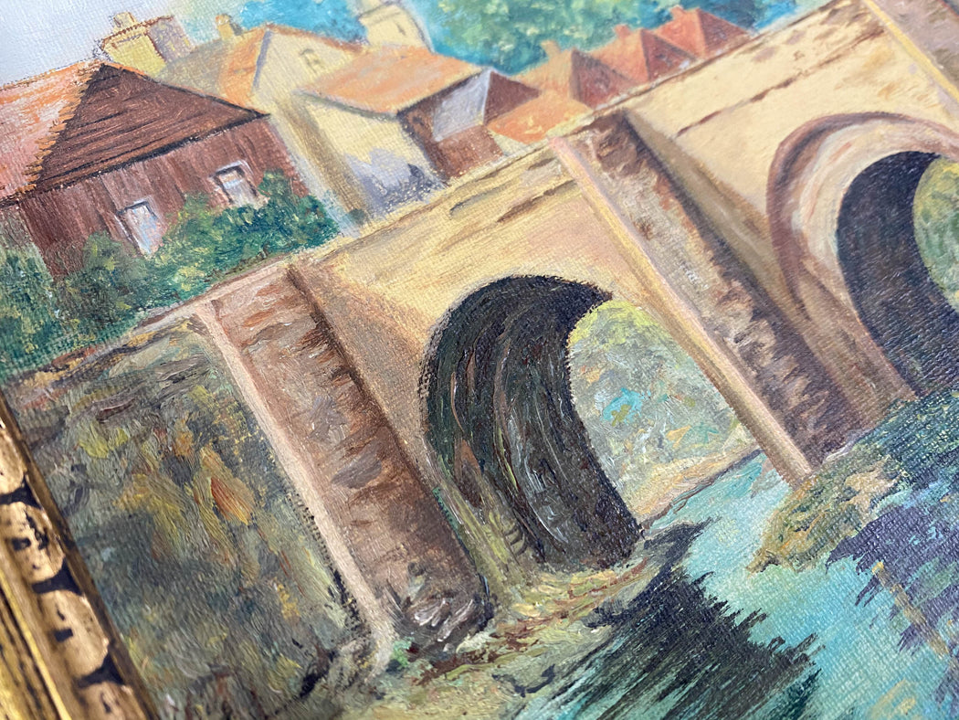 Vintage 1937 Oil Painting Old Wye Bridge Hereford Cathedral