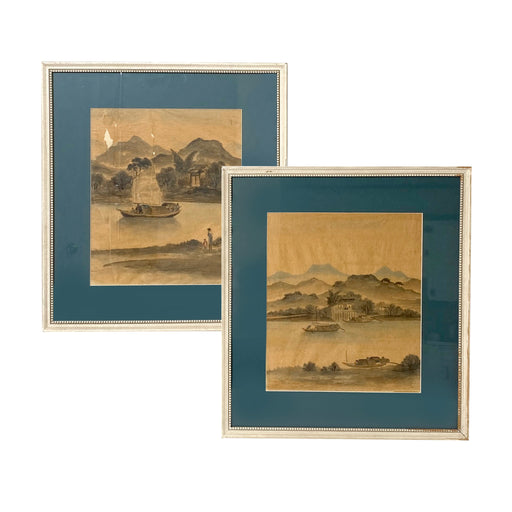 Pair of Antique Chinese Pith Paintings Landscape Watercolor