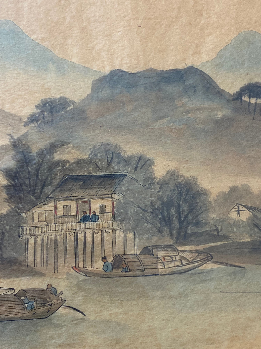 Pair of Antique Chinese Pith Paintings Landscape Watercolor